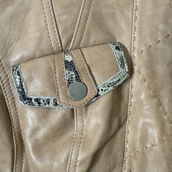 ETCETERA Leather Jacket- Sz 2 Tan with Snakeskin Look Trim, Deco Stitching,... - Picture 4 of 12